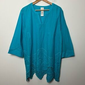 Chico's Turquoise Scalloped Embroidery Lace Cotton Tunic Top Classic Chic NEW